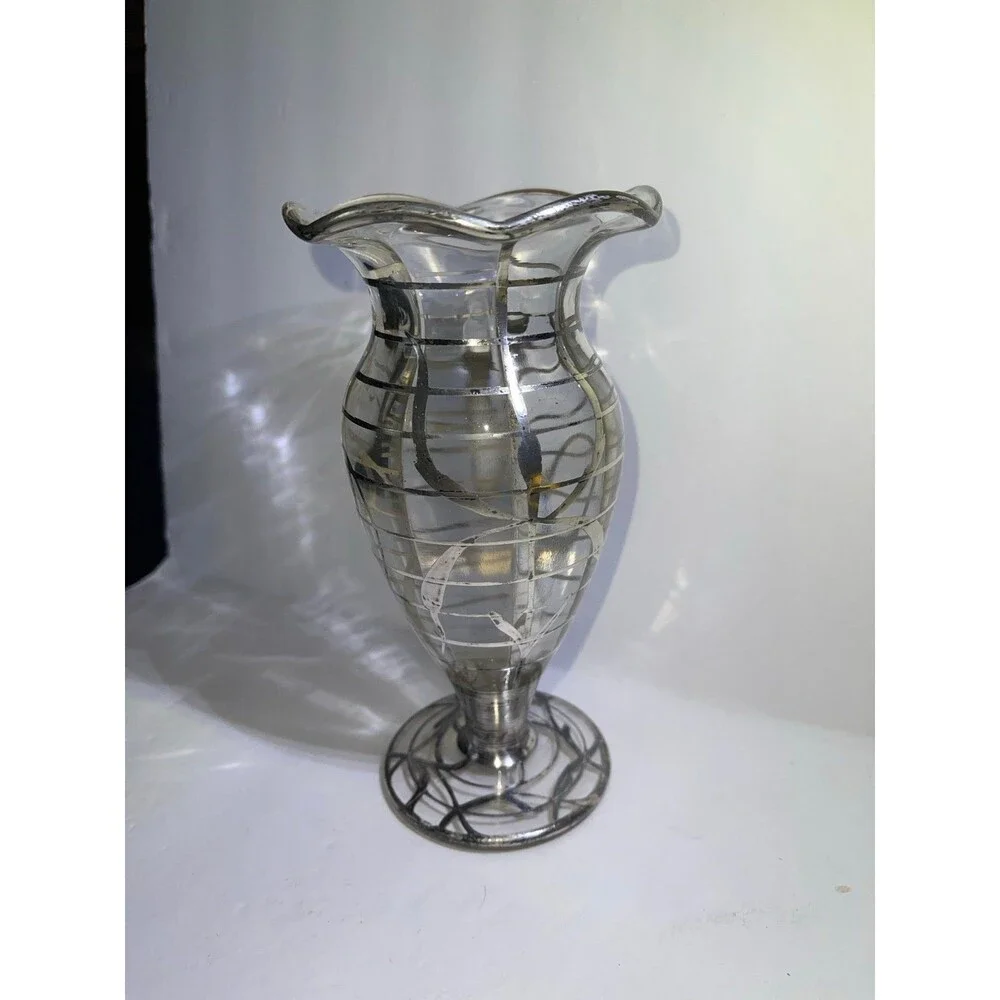 Art Nouveau Vase Sterling Silver Overlayed Glass Fluted Lip Footed Circa 1930’s